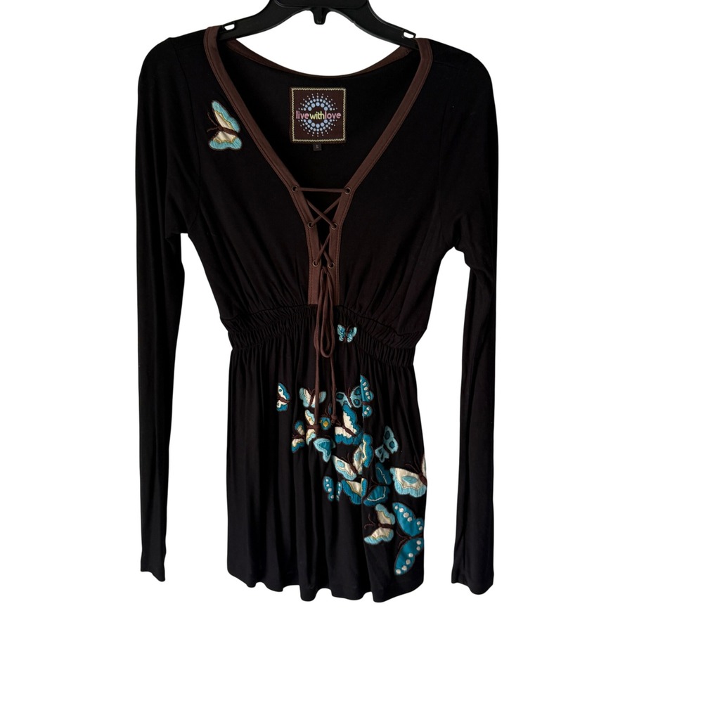 Live With Love Top Sm Black Brown Butterfly Embroidered Long‎ Sleeve Artsy